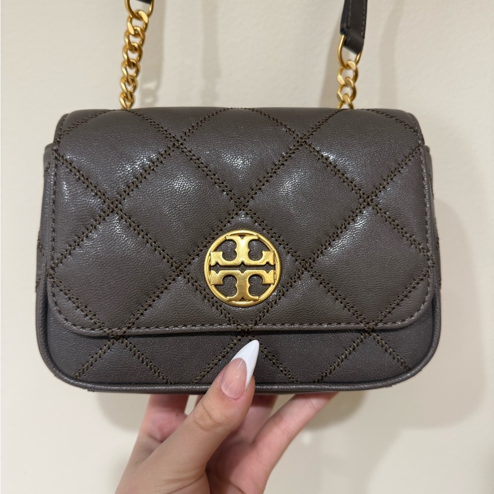 Tory Burch Quilted Leather Crossbody Bag in Brown with Gold Accents